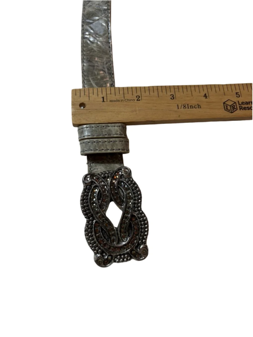 Leatherock USA Metallic Silver Leather Crystal Scroll Buckle Belt Size 34